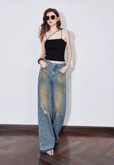 Casual Zipper Fly Mid Waist Straight Wide Leg Long Pants Mssza