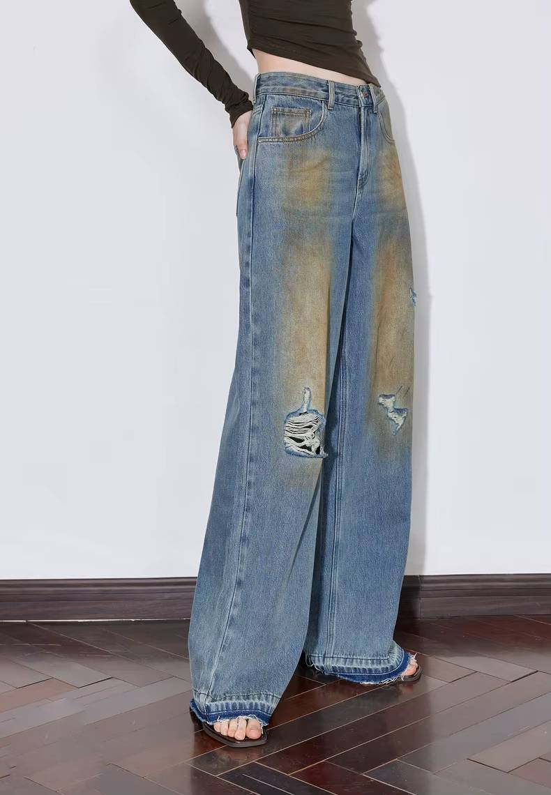 Casual Zipper Fly Mid Waist Straight Wide Leg Long Pants Mssza