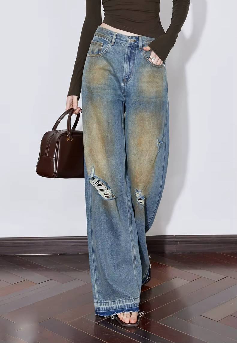 Casual Zipper Fly Mid Waist Straight Wide Leg Long Pants Mssza