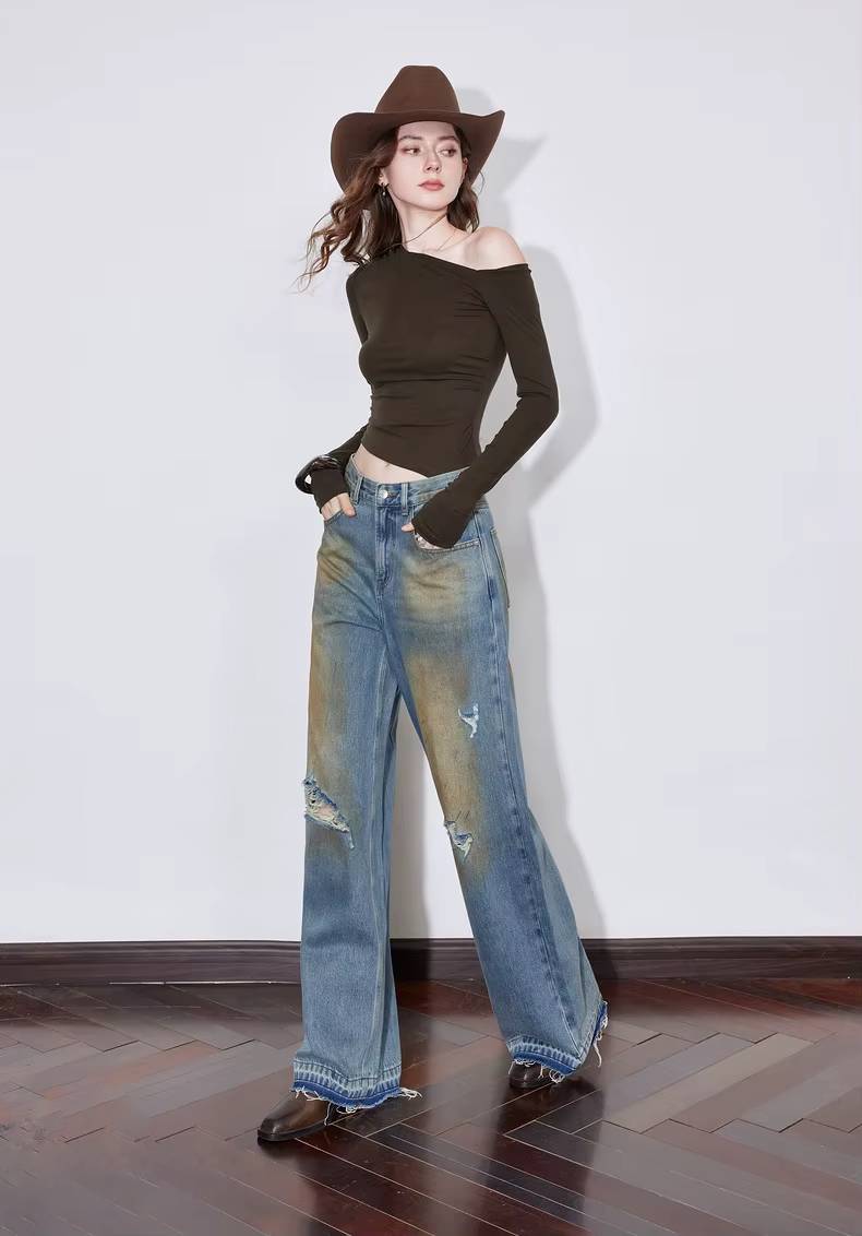 Casual Zipper Fly Mid Waist Straight Wide Leg Long Pants Mssza