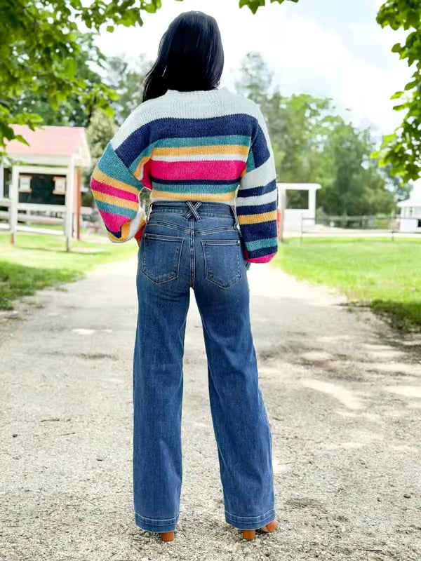 Casual High Waist Wide Leg Retro Straight Spliced leg Jeans Mssza