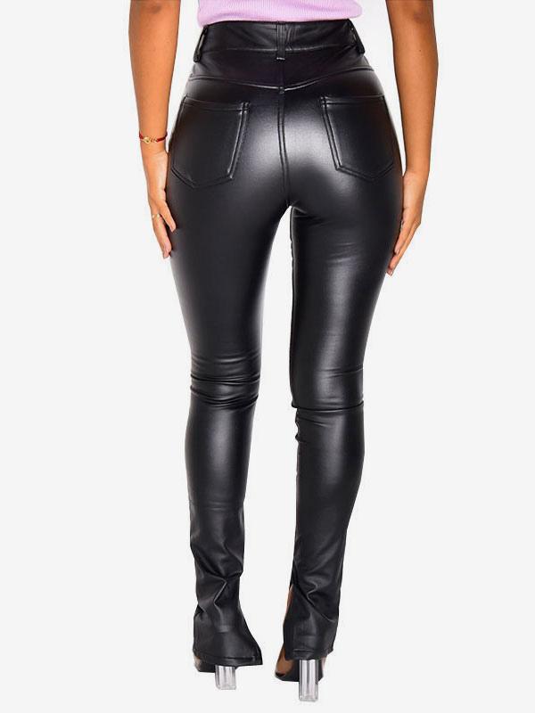 Casual Solid Color Zipper PU Leather Low-slit Raised Waist Trousers Mssza