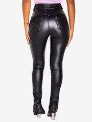 Casual Solid Color Zipper PU Leather Low-slit Raised Waist Trousers Mssza
