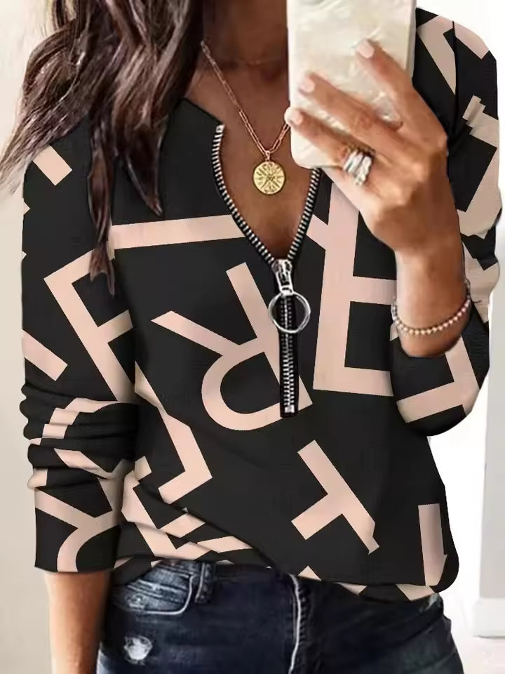Casual Zipper Print Long Sleeve Pullover Regular Fit T-shirt Mssza