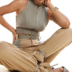 Casual Zipper Sleeveless O Neck Backless Wide Leg Pants Sashes Pockets Two Piece Sets Mssza