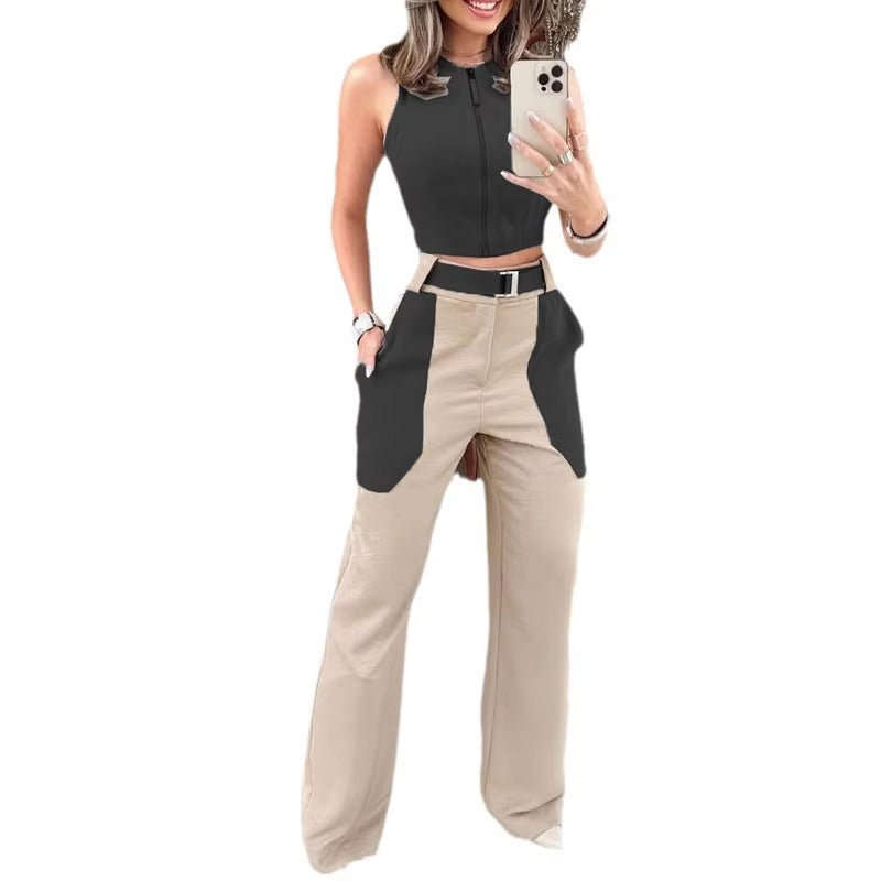 Casual Zipper Sleeveless O Neck Backless Wide Leg Pants Sashes Pockets Two Piece Sets Mssza