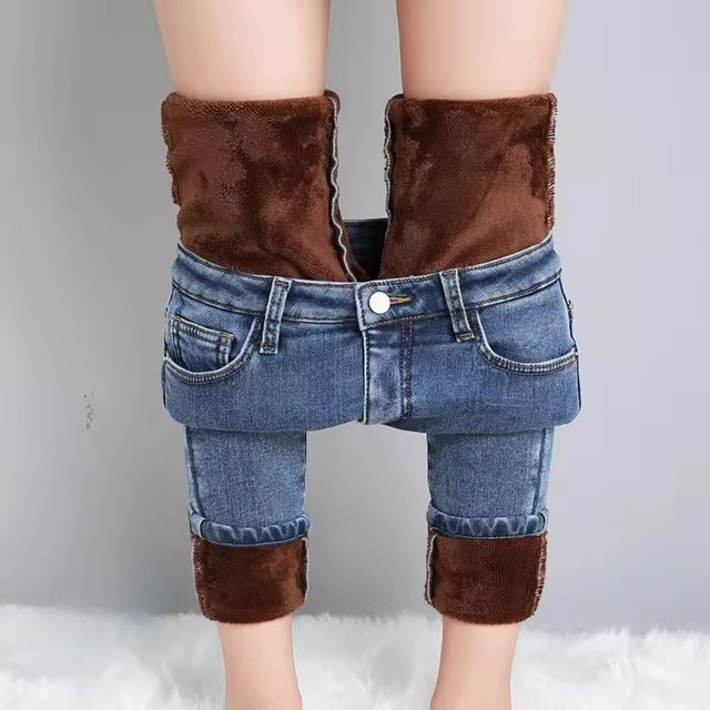 Casual Zipper fly Skinny Thicken Fleece Denim Long Pants Retro Pencil Trousers Mssza
