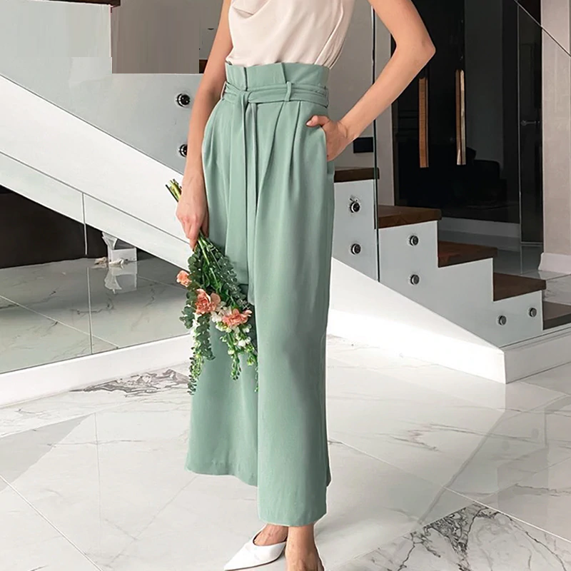 Casual high waist belt pleated trousers Mssza