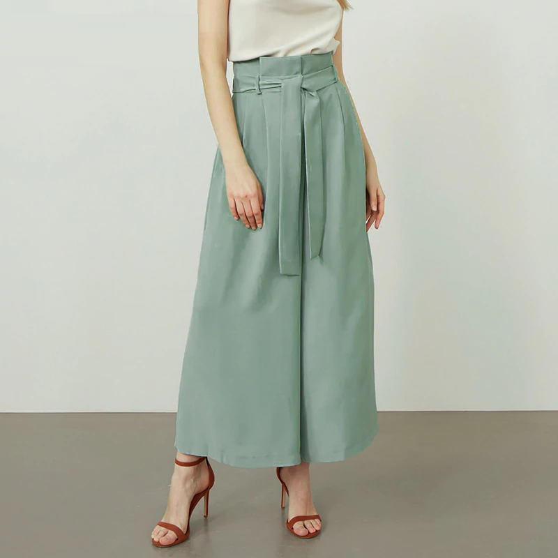 Casual high waist belt pleated trousers Mssza