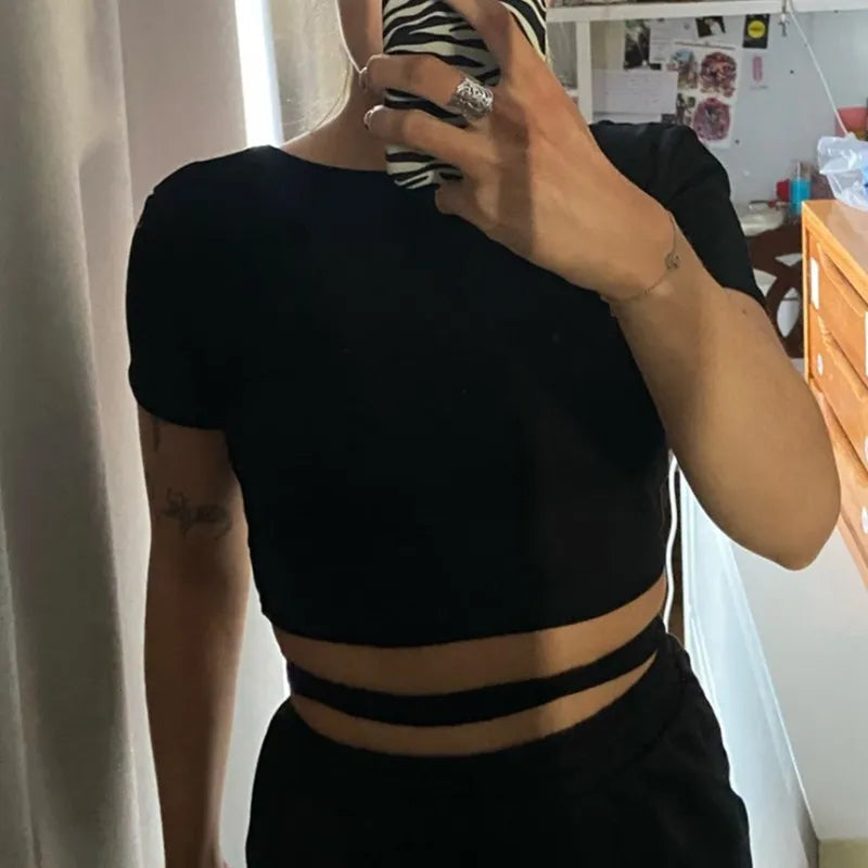 Casual knit Open Back Slight Stretch T-shirt Cropped Tops Mssza