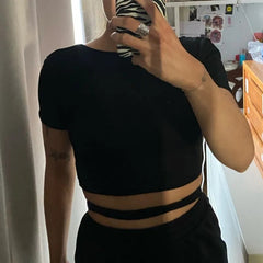 Casual knit Open Back Slight Stretch T-shirt Cropped Tops Mssza