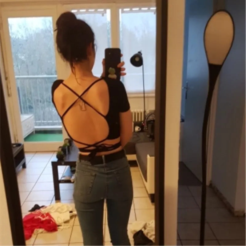 Casual knit Open Back Slight Stretch T-shirt Cropped Tops Mssza