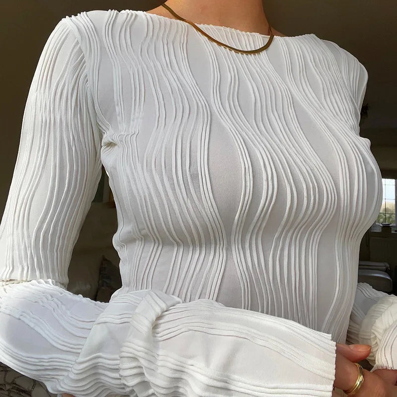 Casual knit Ruched Long Sleeve High Stretch Cropped Top Mssza