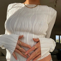 Casual knit Ruched Long Sleeve High Stretch Cropped Top Mssza
