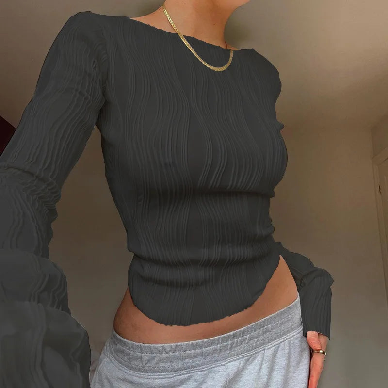 Casual knit Ruched Long Sleeve High Stretch Cropped Top Mssza