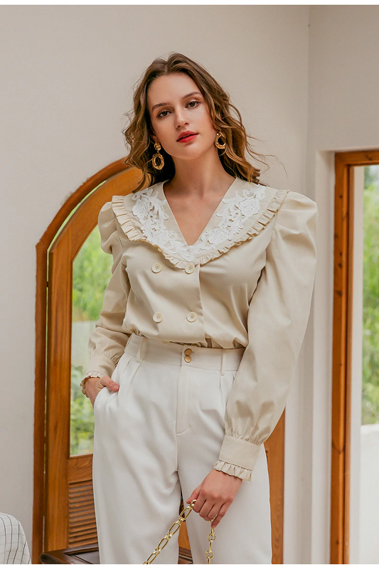 Casual puff sleeve solid ruffle long sleeve blouse Mssza