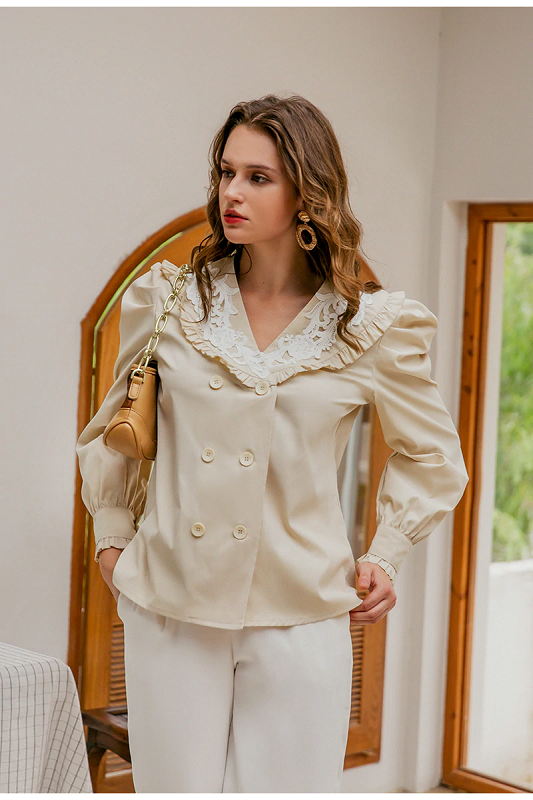 Casual puff sleeve solid ruffle long sleeve blouse Mssza