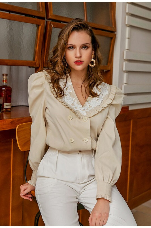 Casual puff sleeve solid ruffle long sleeve blouse Mssza