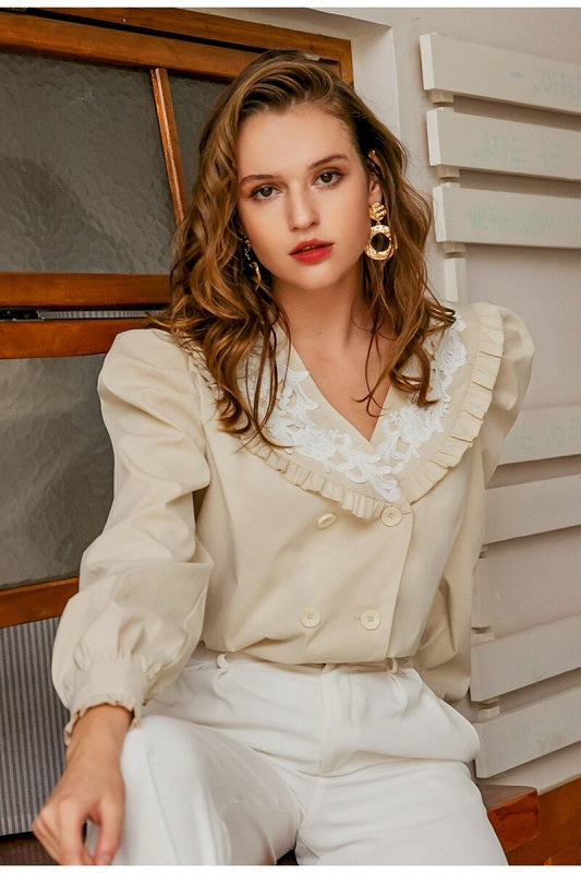 Casual puff sleeve solid ruffle long sleeve blouse Mssza
