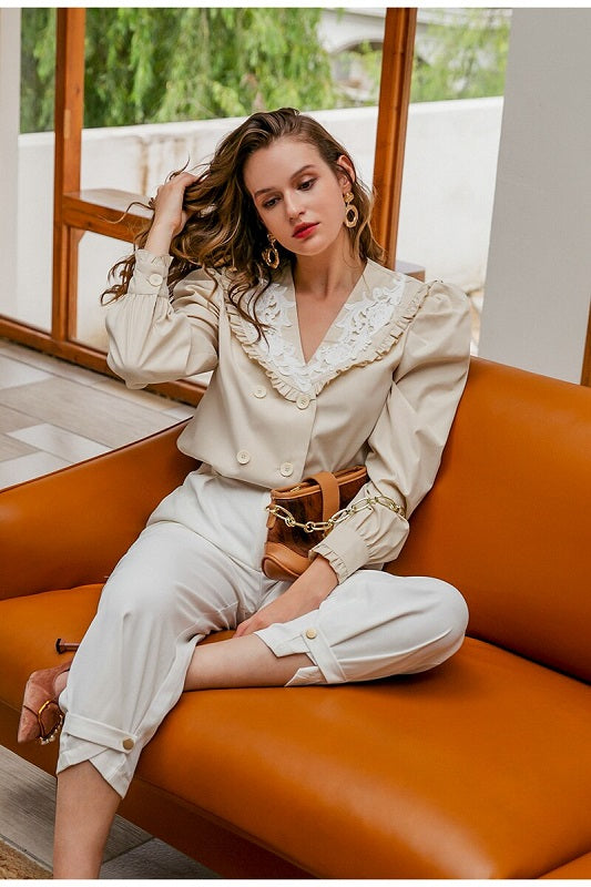 Casual puff sleeve solid ruffle long sleeve blouse Mssza