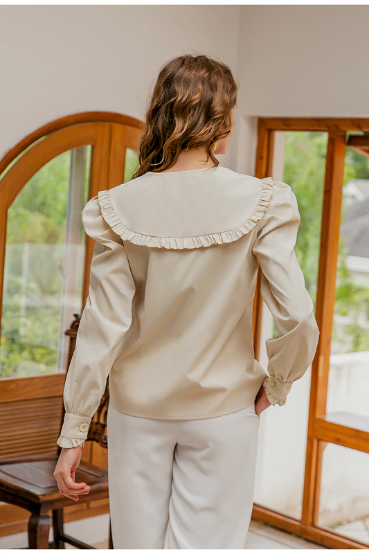 Casual puff sleeve solid ruffle long sleeve blouse Mssza