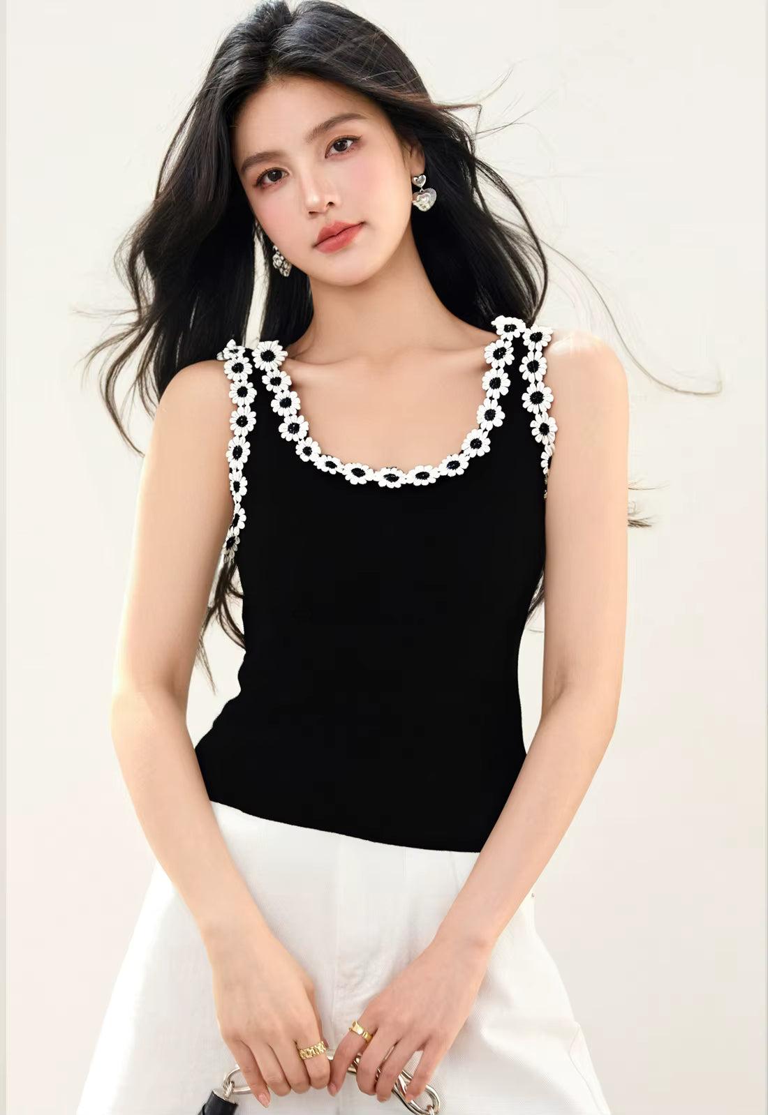 Casual sleeveless Pullover Patchwork O-Neck Dimensional Flowers Tops Mssza