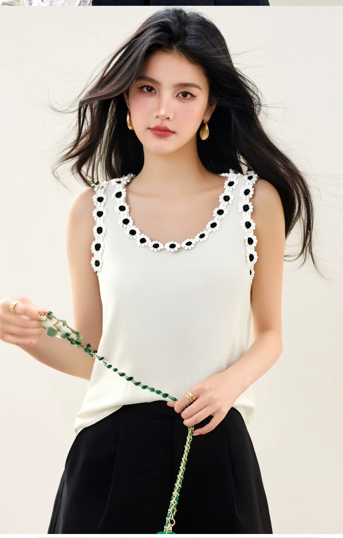 Casual sleeveless Pullover Patchwork O-Neck Dimensional Flowers Tops Mssza