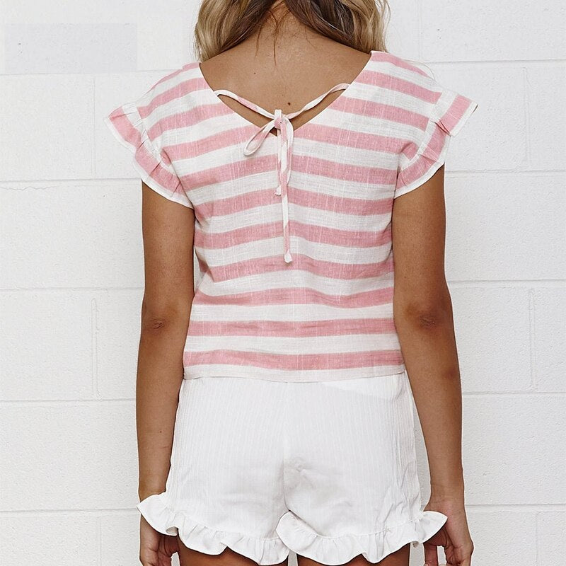Casual stripe ruffled back lace up cotton Elegant shirts Mssza