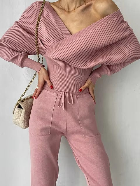 CasualOff Shoulder Knitted Tracksuit Two Piece Set Mssza