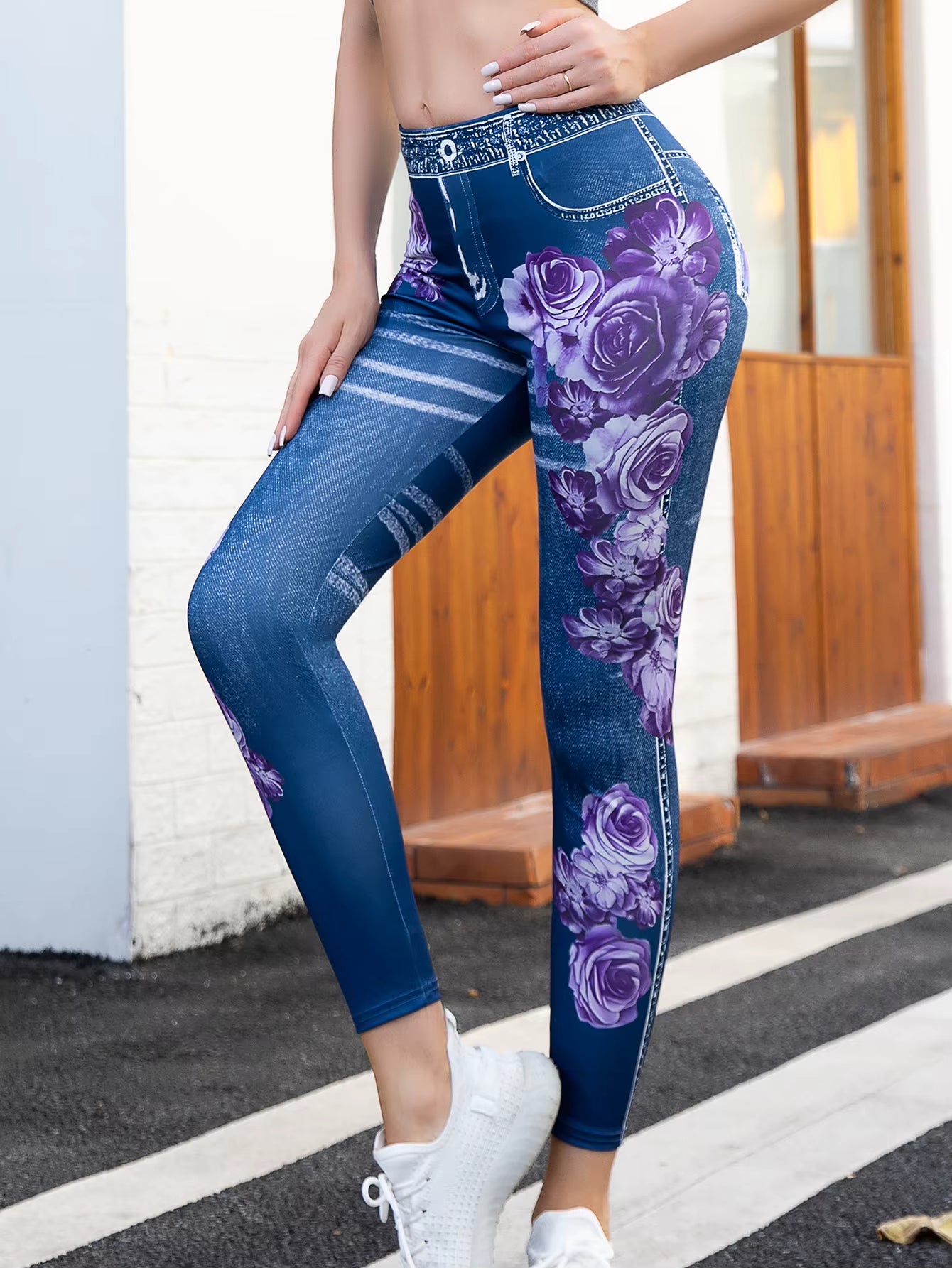 Casuial High-waisted Elastic Imitation Denim Thin Nine-point Printed Leggings Mssza
