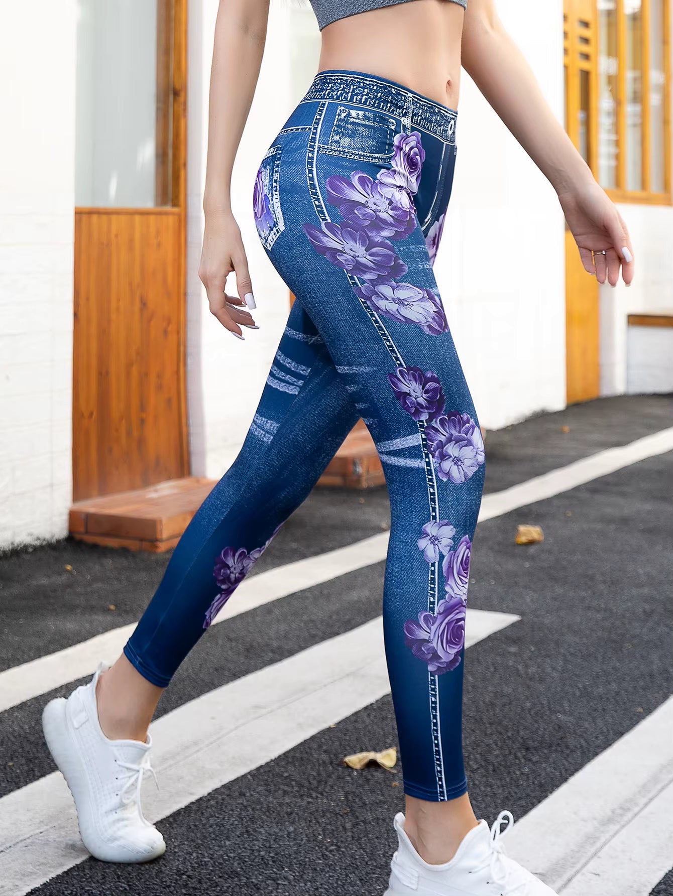 Casuial High-waisted Elastic Imitation Denim Thin Nine-point Printed Leggings Mssza