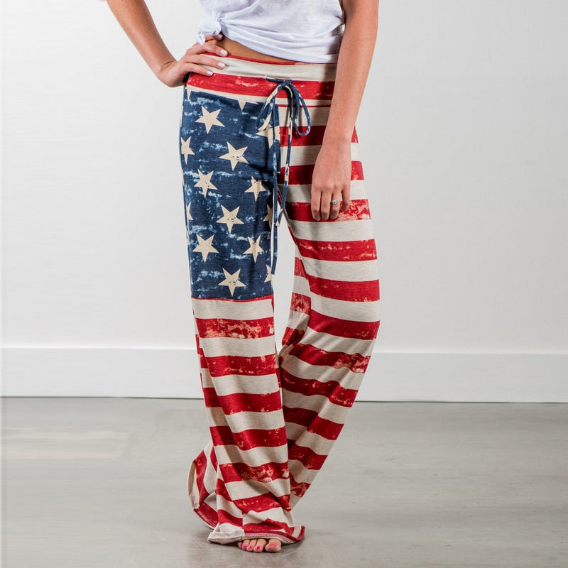 Causal American Flag Print Wide Leg Pants Mssza