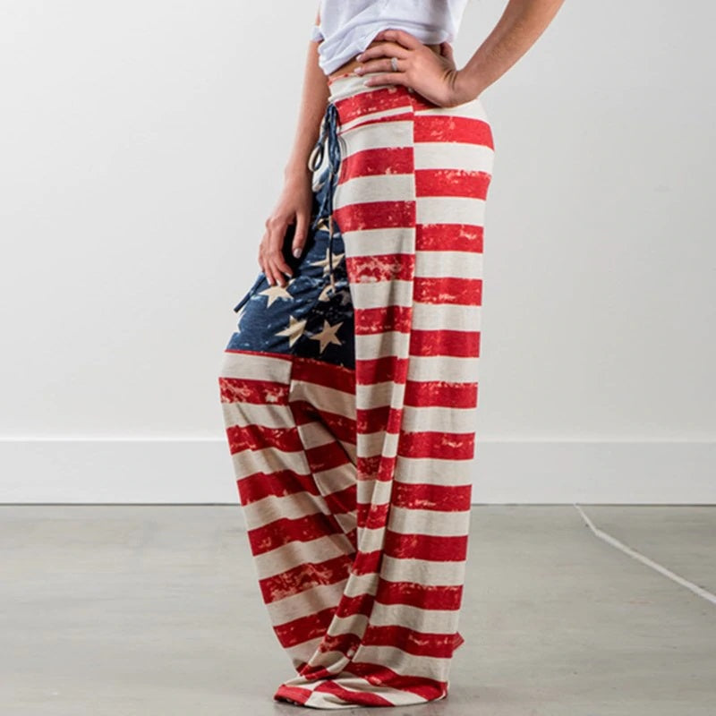 Causal American Flag Print Wide Leg Pants Mssza