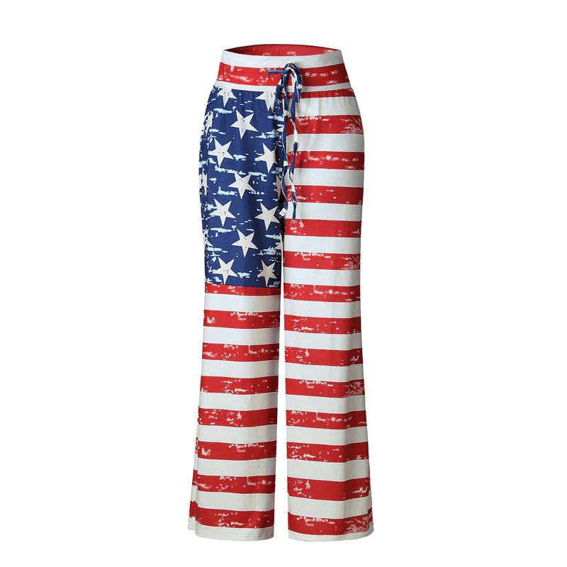 Causal American Flag Print Wide Leg Pants Mssza