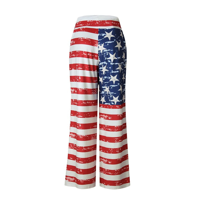 Causal American Flag Print Wide Leg Pants Mssza