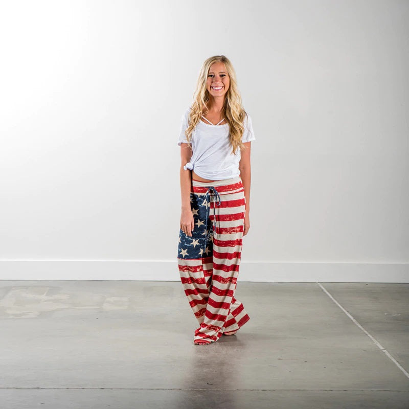 Causal American Flag Print Wide Leg Pants Mssza