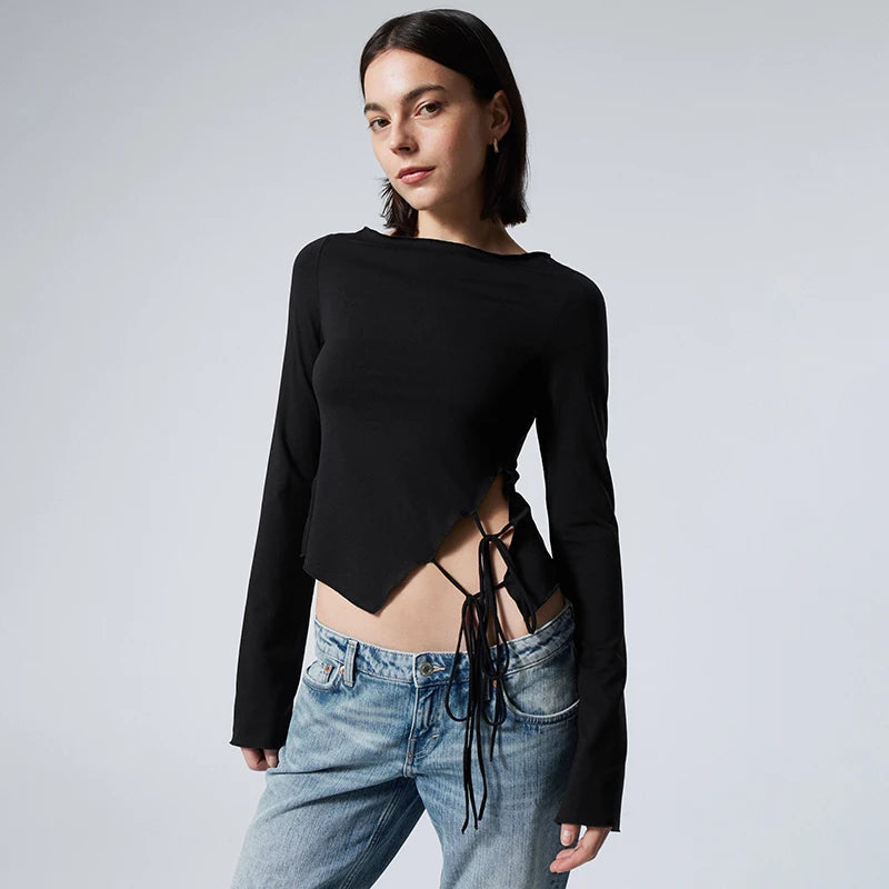 Causal Round Neck Long-Sleeved Irregular Solid Color Tie Hollowed Out Tops Mssza