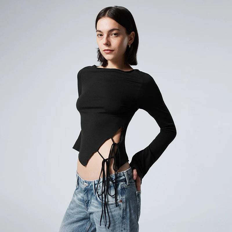 Causal Round Neck Long-Sleeved Irregular Solid Color Tie Hollowed Out Tops Mssza