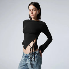 Causal Round Neck Long-Sleeved Irregular Solid Color Tie Hollowed Out Tops Mssza