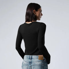 Causal Round Neck Long-Sleeved Irregular Solid Color Tie Hollowed Out Tops Mssza