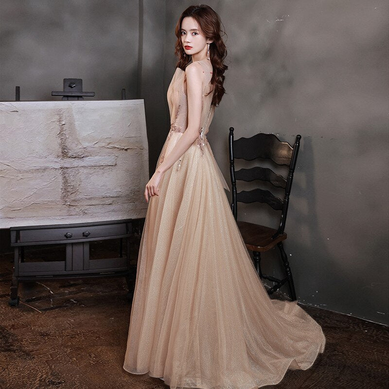 V-Neck Sleeveless Elegant Party Train Dress Mssaz Desses