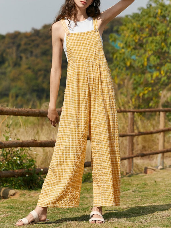 Check Print Pocket Wide Leg Jumpsuit Mssza