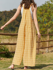 Check Print Pocket Wide Leg Jumpsuit Mssza