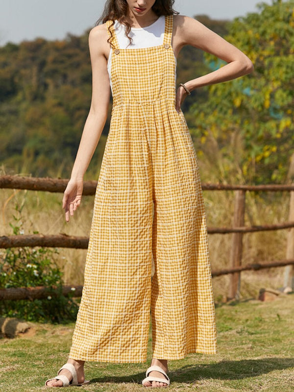 Check Print Pocket Wide Leg Jumpsuit Mssza