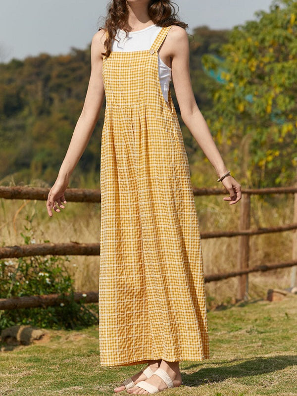 Check Print Pocket Wide Leg Jumpsuit Mssza