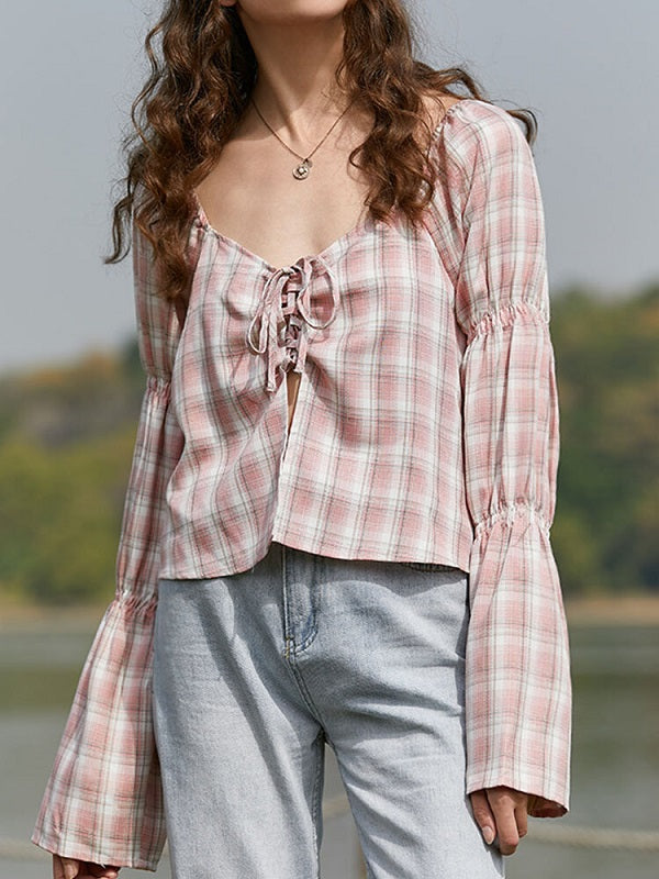 Check Print Tie Front Long Sleeve Square Collar Blouse Mssza