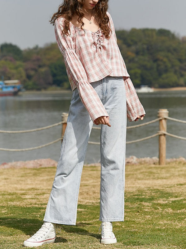 Check Print Tie Front Long Sleeve Square Collar Blouse Mssza