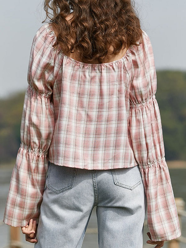 Check Print Tie Front Long Sleeve Square Collar Blouse Mssza
