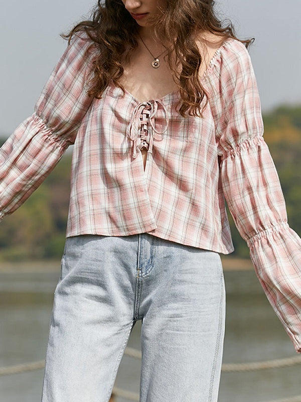 Check Print Tie Front Long Sleeve Square Collar Blouse Mssza