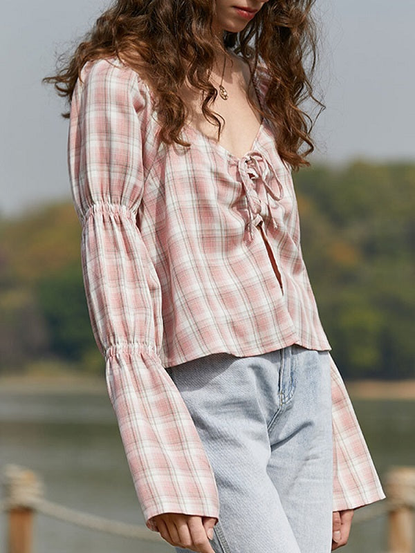 Check Print Tie Front Long Sleeve Square Collar Blouse Mssza